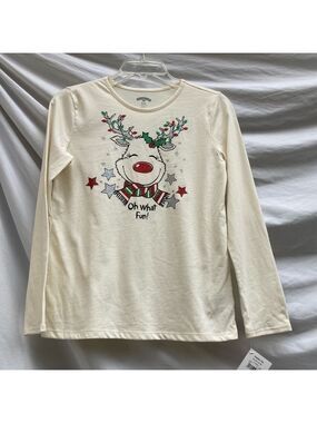Holiday Time Net Cream Reindeer Holiday Shirt, Size 14-16